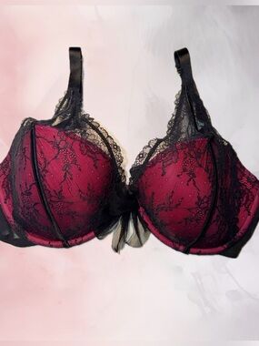 CACIQUE 42DD Sexy Whimsigoth Plunging Pink & Black Lace Overlay Push Up Bra NWOT